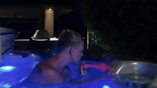 Busty blonde in hot tub orgasms with dildos