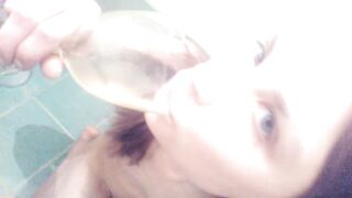 Perverted piss drinking. Swallow from cock and glass