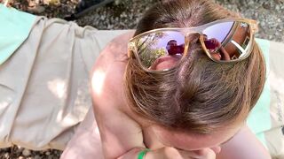 At the nudist campsite A pregnant stranger sucks me while her husband is absent: I cum on her tits