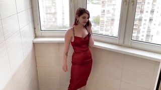 Elegant Goddess Sofi in Red Dress Smokes Using Human Ashtray Slave Mouth