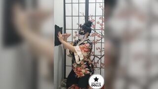 Geisha Cosplay with My Asian Japanese Wife Gloryhole Cumshot with Backstage Tit Fuck