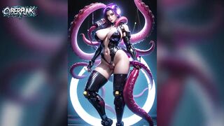 Cyberpunk Female Androids Fighting Mutant Octopus