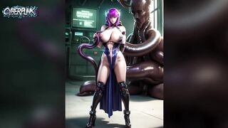 Cyberpunk Female Androids Fighting Mutant Octopus