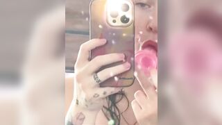 Naked on a strawberry stool fucking my hairy pussy with a pink dildo